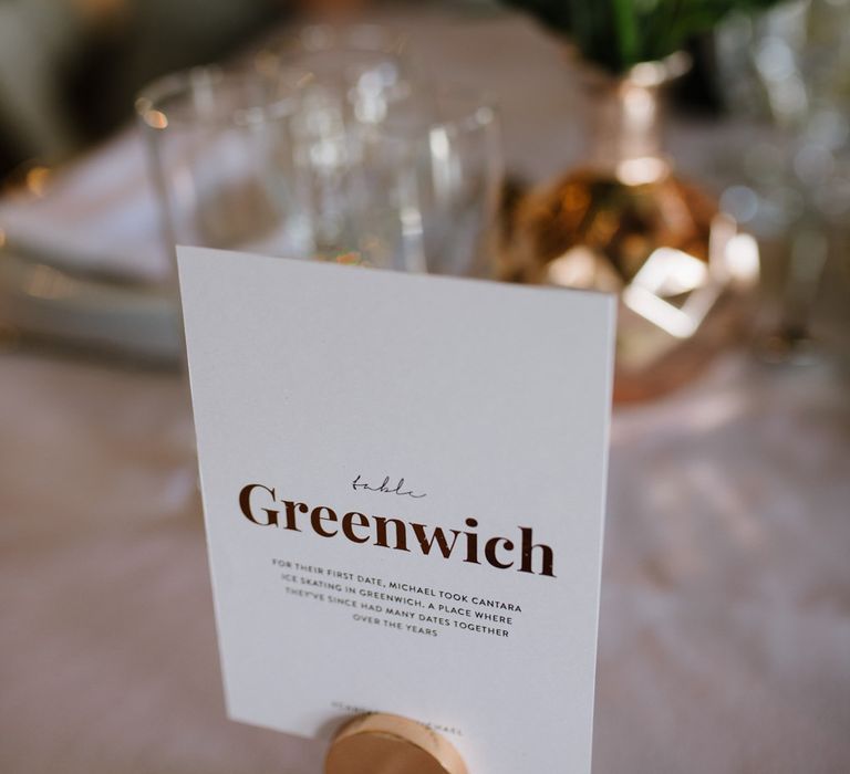 On the Day Stationery with Copper Foiling. Table Names. Modern Warehouse Wedding in London at Trinity Buoy Wharf. Images by Captured by Katrina Photography