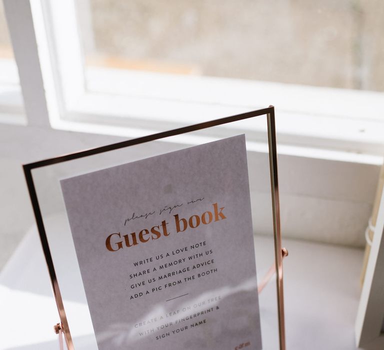 On the Day Stationery with Copper Foiling. Guest Book. Modern Warehouse Wedding in London at Trinity Buoy Wharf. Images by Captured by Katrina Photography