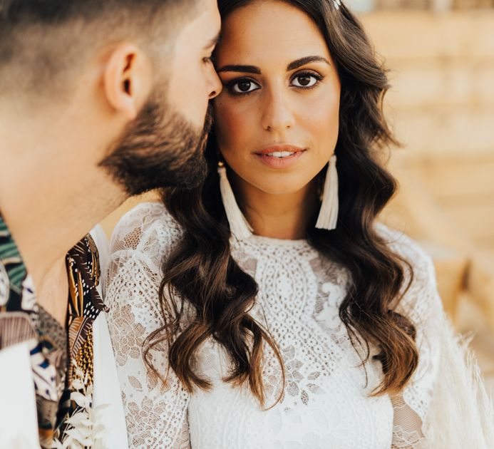 Boho bride with Tilly Thomas Lux crown and tassel earrings