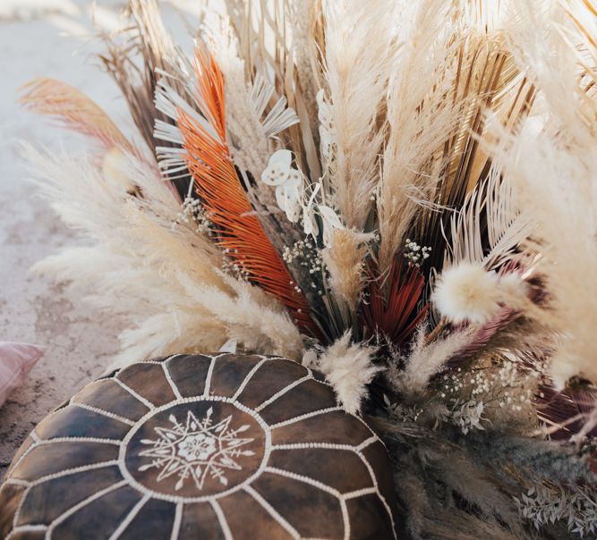 Dried pampas grass and Moroccan pouffe