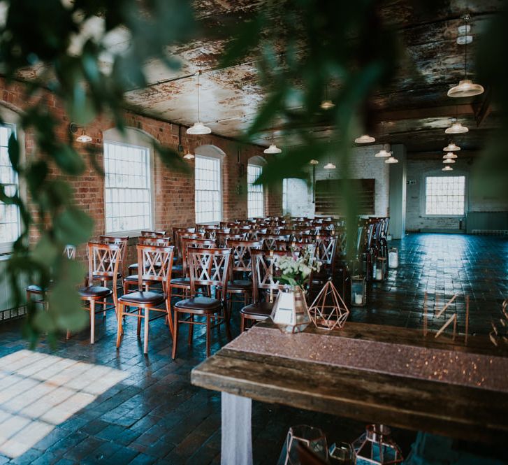 Wedding Ceremony | Copper &amp; Greenery Industrial Winter Wedding at The West Mill Derby, Styled by The Vintage House That Could | Rosie Kelly Photography | Jason Lynch Weddings