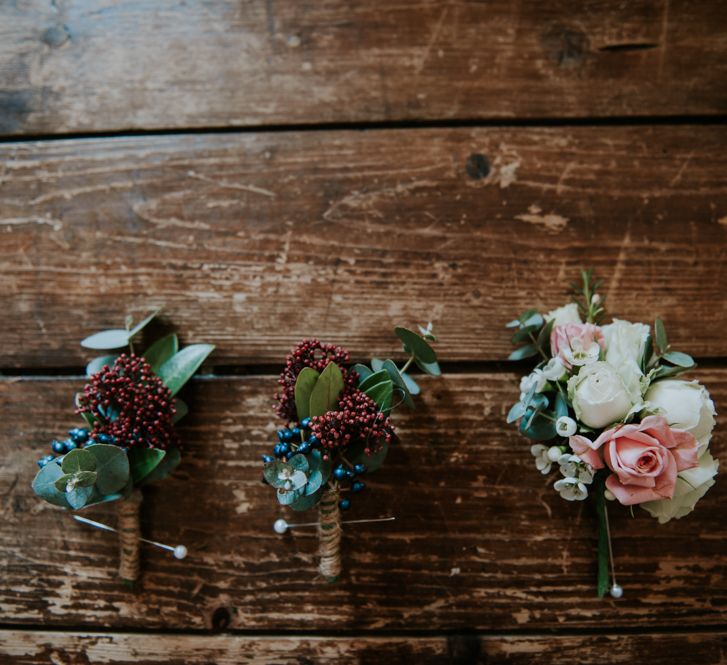 Winter Buttonholes | Copper &amp; Greenery Industrial Winter Wedding at The West Mill Derby, Styled by The Vintage House That Could | Rosie Kelly Photography | Jason Lynch Weddings