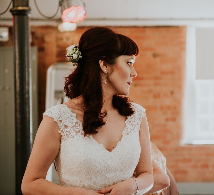 Bride in WED2B Lace Bridal Gown | Copper &amp; Greenery Industrial Winter Wedding at The West Mill Derby, Styled by The Vintage House That Could | Rosie Kelly Photography | Jason Lynch Weddings