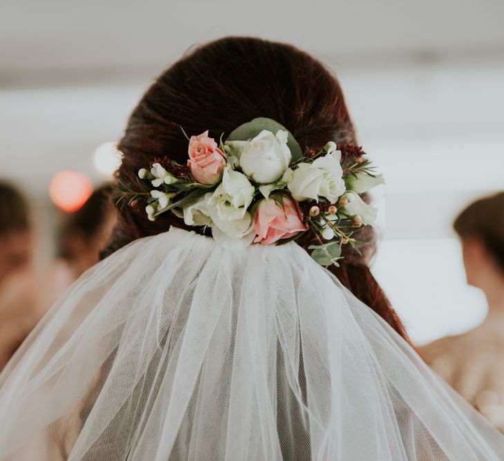 Fresh Flower Wedding Hair | Copper &amp; Greenery Industrial Winter Wedding at The West Mill Derby, Styled by The Vintage House That Could | Rosie Kelly Photography | Jason Lynch Weddings