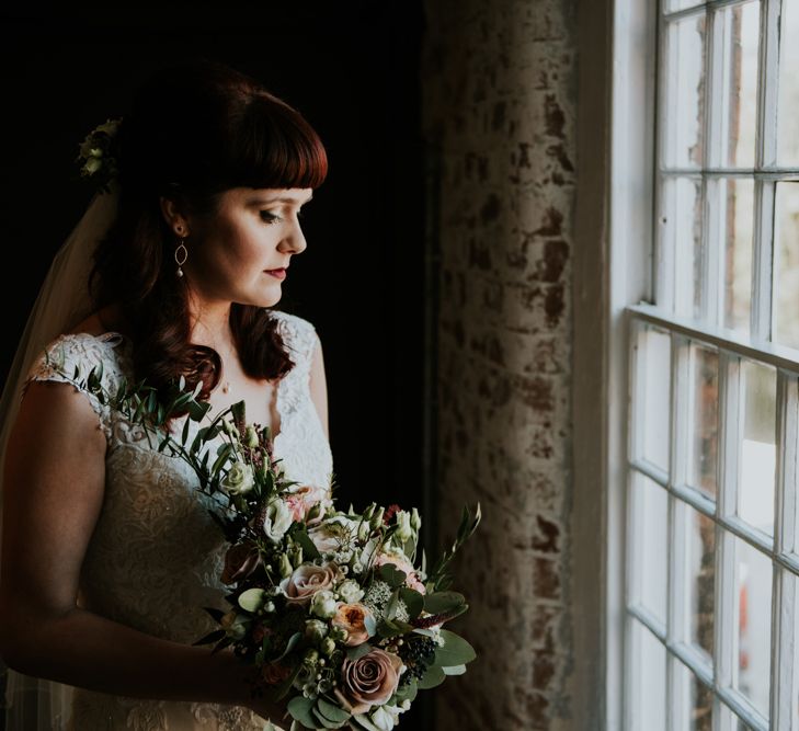 Bride in Wed2B Lace Bridal Gown | Copper &amp; Greenery Industrial Winter Wedding at The West Mill Derby, Styled by The Vintage House That Could | Rosie Kelly Photography | Jason Lynch Weddings