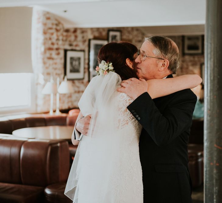 Father of the Bride First Look | Bride in Wed2B Bridal Gown | Copper &amp; Greenery Industrial Winter Wedding at The West Mill Derby, Styled by The Vintage House That Could | Rosie Kelly Photography | Jason Lynch Weddings