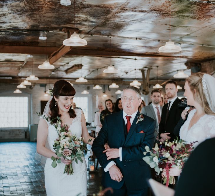 Wedding Ceremony Bridal Entrance in Wed2B Bridal Gown | Copper &amp; Greenery Industrial Winter Wedding at The West Mill Derby, Styled by The Vintage House That Could | Rosie Kelly Photography | Jason Lynch Weddings