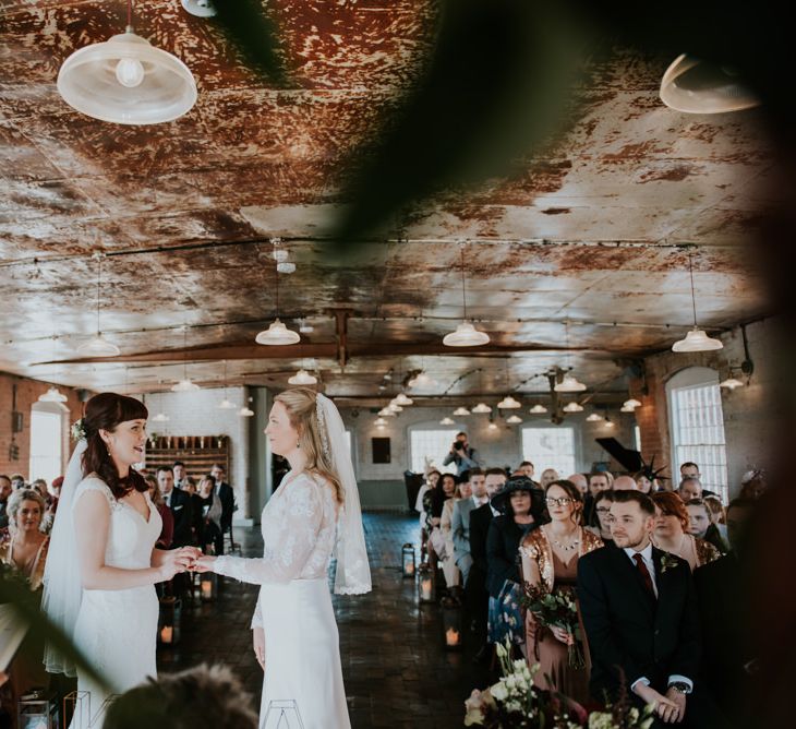 Wedding Ceremony | Brides in Wed2B Bridal Gowns | Copper &amp; Greenery Industrial Winter Wedding at The West Mill Derby, Styled by The Vintage House That Could | Rosie Kelly Photography | Jason Lynch Weddings