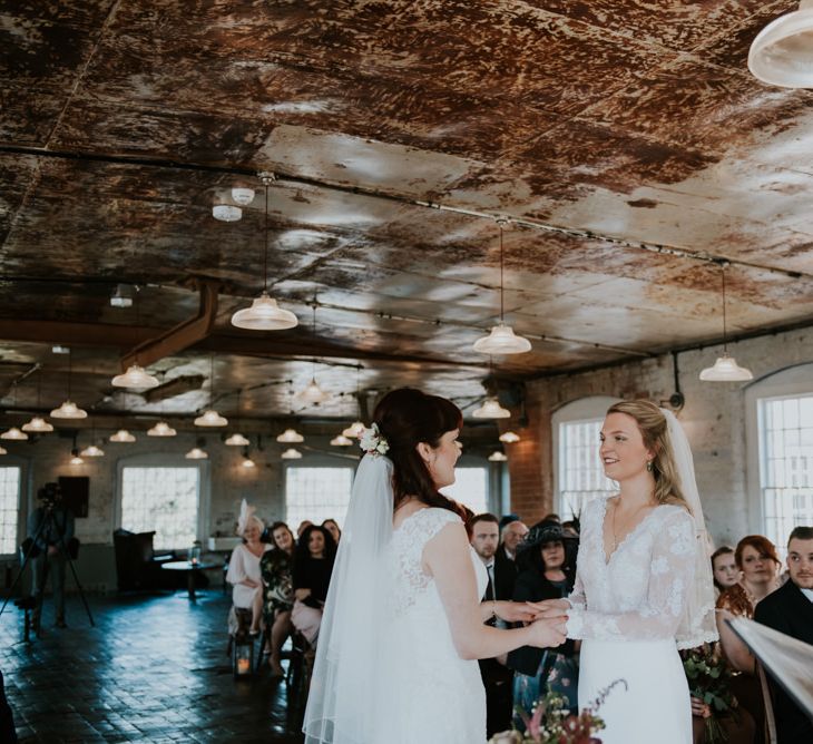 Wedding Ceremony | Brides in Wed2B Bridal Gowns | Copper &amp; Greenery Industrial Winter Wedding at The West Mill Derby, Styled by The Vintage House That Could | Rosie Kelly Photography | Jason Lynch Weddings