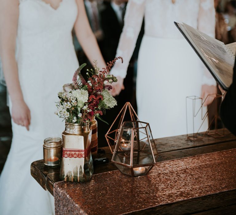 Wedding Ceremony | Brides in Wed2B Bridal Gowns | Copper &amp; Greenery Industrial Winter Wedding at The West Mill Derby, Styled by The Vintage House That Could | Rosie Kelly Photography | Jason Lynch Weddings