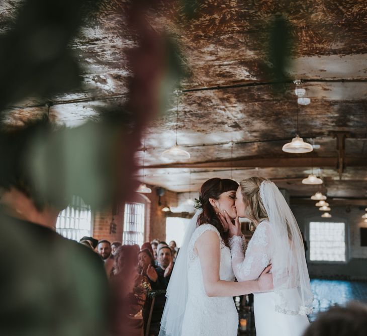 Wedding Ceremony | Brides in Wed2B Bridal Gowns | Copper &amp; Greenery Industrial Winter Wedding at The West Mill Derby, Styled by The Vintage House That Could | Rosie Kelly Photography | Jason Lynch Weddings