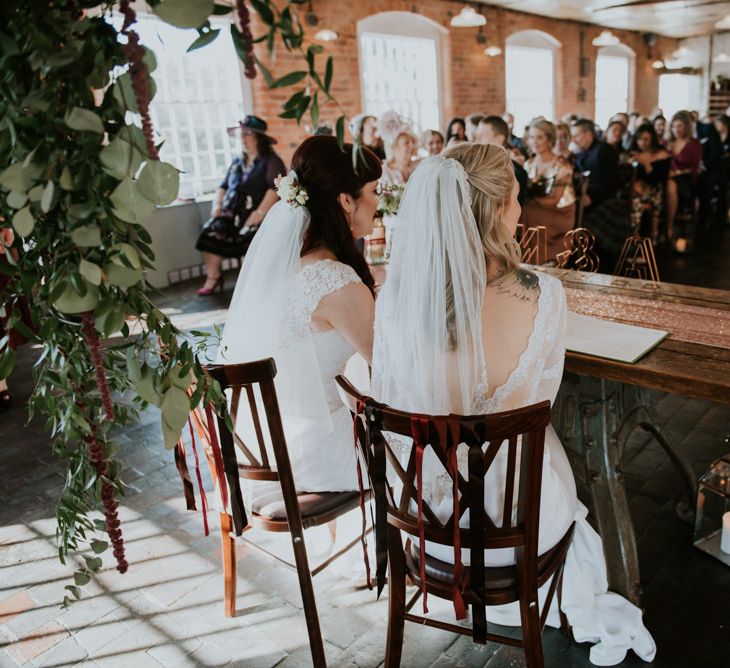 Wedding Ceremony | Brides in Wed2B Bridal Gowns | Copper &amp; Greenery Industrial Winter Wedding at The West Mill Derby, Styled by The Vintage House That Could | Rosie Kelly Photography | Jason Lynch Weddings