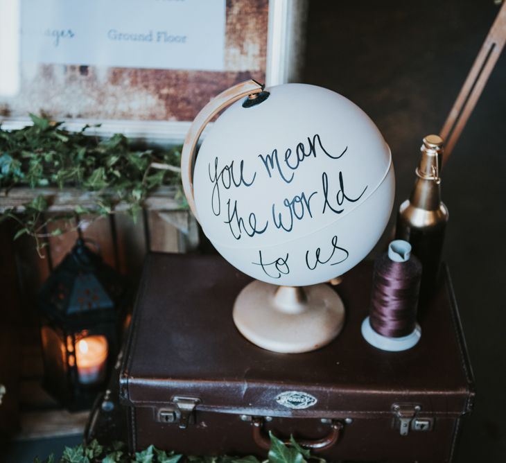 Globe Wedding Decor | Copper &amp; Greenery Industrial Winter Wedding at The West Mill Derby, Styled by The Vintage House That Could | Rosie Kelly Photography | Jason Lynch Weddings