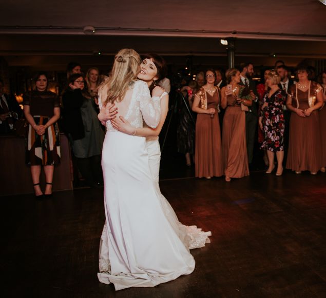 First Dance | Brides in Lace WED2B Bridal Gowns | Copper &amp; Greenery Industrial Winter Wedding at The West Mill Derby, Styled by The Vintage House That Could | Rosie Kelly Photography | Jason Lynch Weddings