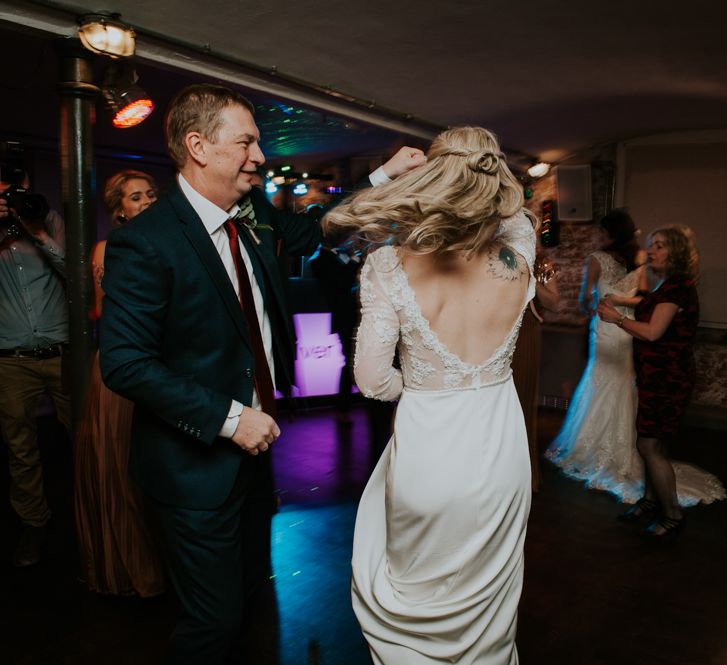 Bride in Lace WED2B Bridal Gown | Copper &amp; Greenery Industrial Winter Wedding at The West Mill Derby, Styled by The Vintage House That Could | Rosie Kelly Photography | Jason Lynch Weddings