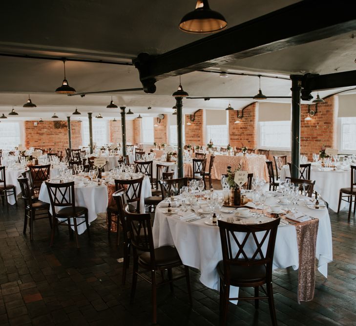 Reception Wedding Decor | Copper &amp; Greenery Industrial Winter Wedding at The West Mill Derby, Styled by The Vintage House That Could | Rosie Kelly Photography | Jason Lynch Weddings