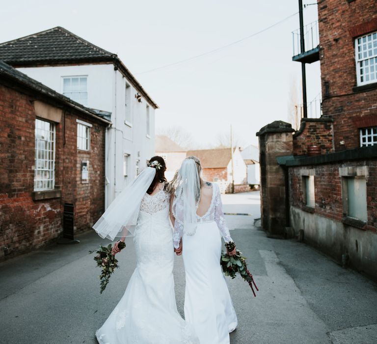 Brides in Lace WED2B Bridal Gowns | Copper &amp; Greenery Industrial Winter Wedding at The West Mill Derby, Styled by The Vintage House That Could | Rosie Kelly Photography | Jason Lynch Weddings