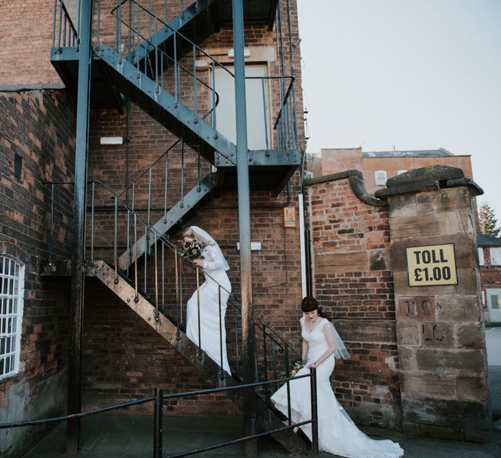 Brides in Lace WED2B Bridal Gowns | Copper &amp; Greenery Industrial Winter Wedding at The West Mill Derby, Styled by The Vintage House That Could | Rosie Kelly Photography | Jason Lynch Weddings