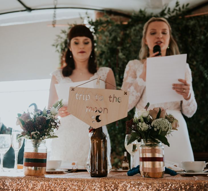 Wedding Reception Speeches | Brides in Lace WED2B Bridal Gowns | Copper &amp; Greenery Industrial Winter Wedding at The West Mill Derby, Styled by The Vintage House That Could | Rosie Kelly Photography | Jason Lynch Weddings