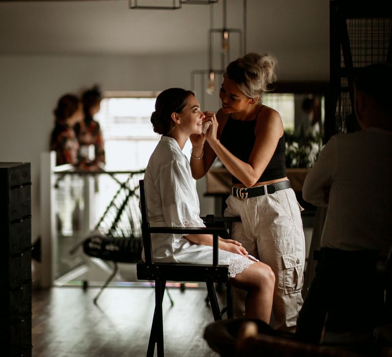 Bridal beauty for industrial wedding with cupcake wedding cake