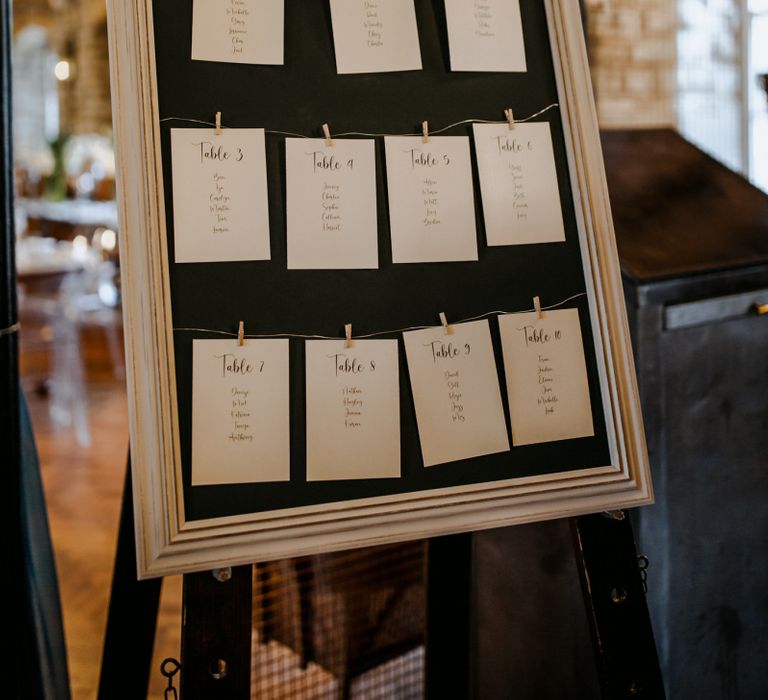 Wedding seating chart and cupcake wedding cake at industrial wedding