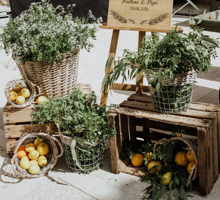 Wooden Wedding Welcome Sign with Crates &amp; Baskets Decor