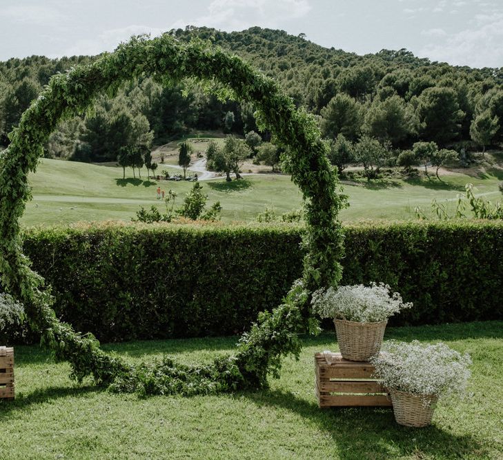 Greenery Moon Gate Floral Arch and Wooden Crate  Altar