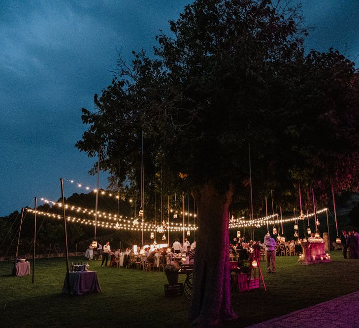 Outdoor Wedding Reception with Festoon Lights