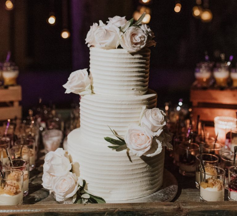 Three Tier White Wedding Cake with Frosting