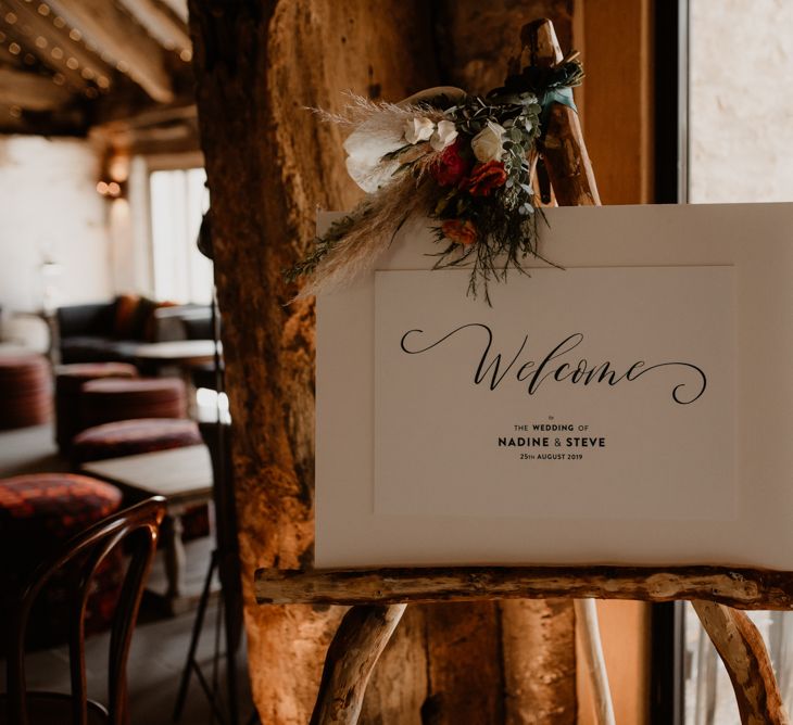 Wedding welcome sign at Tithe Barn Bolton Abbey