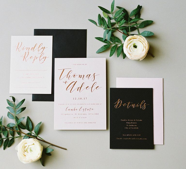 Black, White &amp; Rose Gold Wedding Stationery Suite // Image by Imogen Xiana Photography