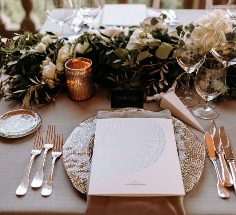 Wedding table decor with foliage table runner