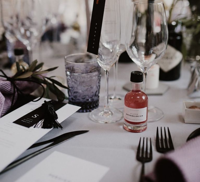 Wedding Table Setting Detail with Gin Wedding Favour and Foliage Details