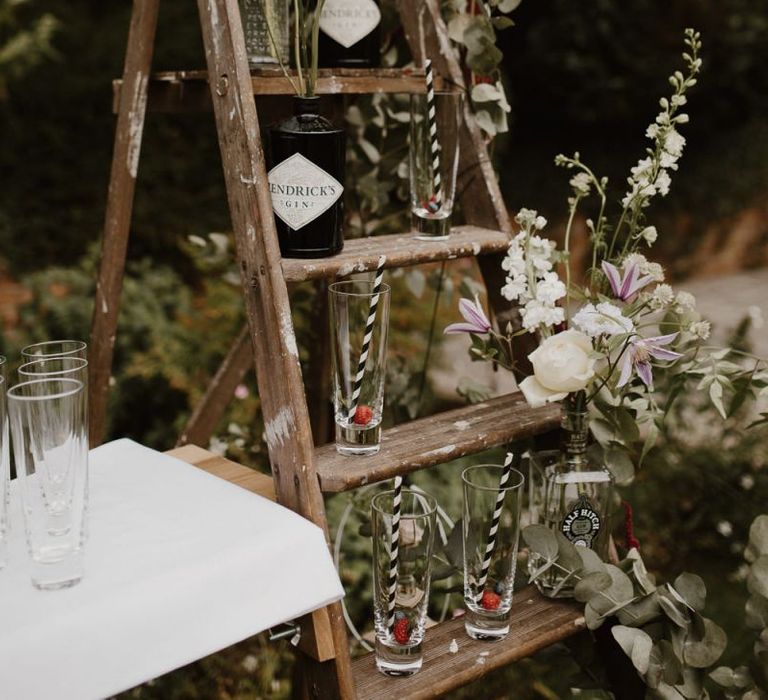 Wedding Gin Bar with Glass Bottles and Step Ladder