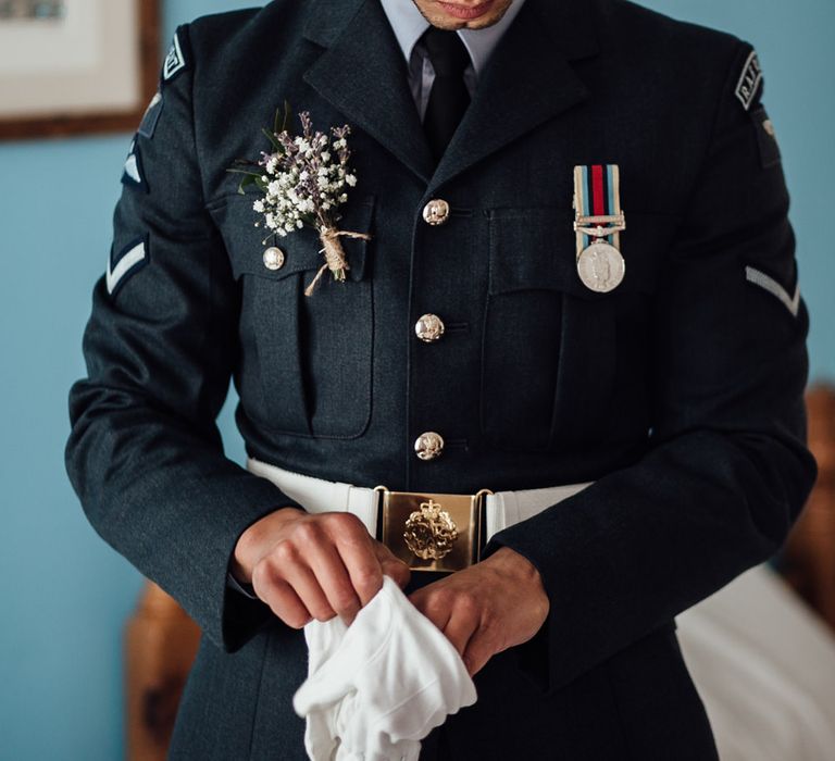 Groom In Military Uniform // Caribbean Influenced Wedding Kingsthorpe Lodge Barn With Steel Band And Bride In Maggie Sottero Images From Ania Ames Photography