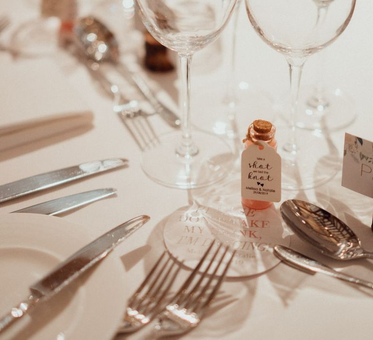 Wedding table decor and favours at Micklefield Hall wedding