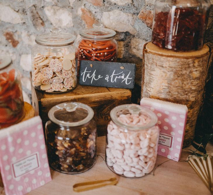 Retro sweetie table at Farbridge wedding venue