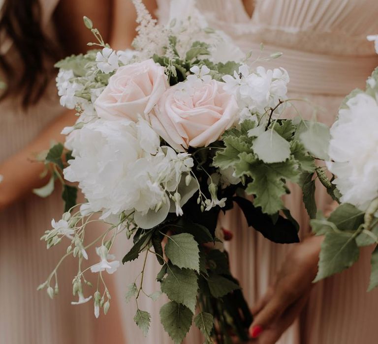 White and Blush Wedding Bouquet with Foliage