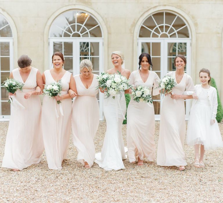 Bridal Party Portrait with Bridesmaids in Pale Pin TFNC Dresses and Bride in St Patrick Lace Dress