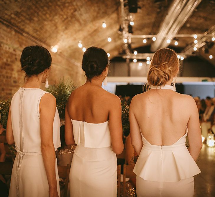 Wedding Ceremony | Bridesmaids in Mismatched White Dresses | Bike Shed Motorcycle Club Wedding for ELLE Digital Editor | Nigel John Photography