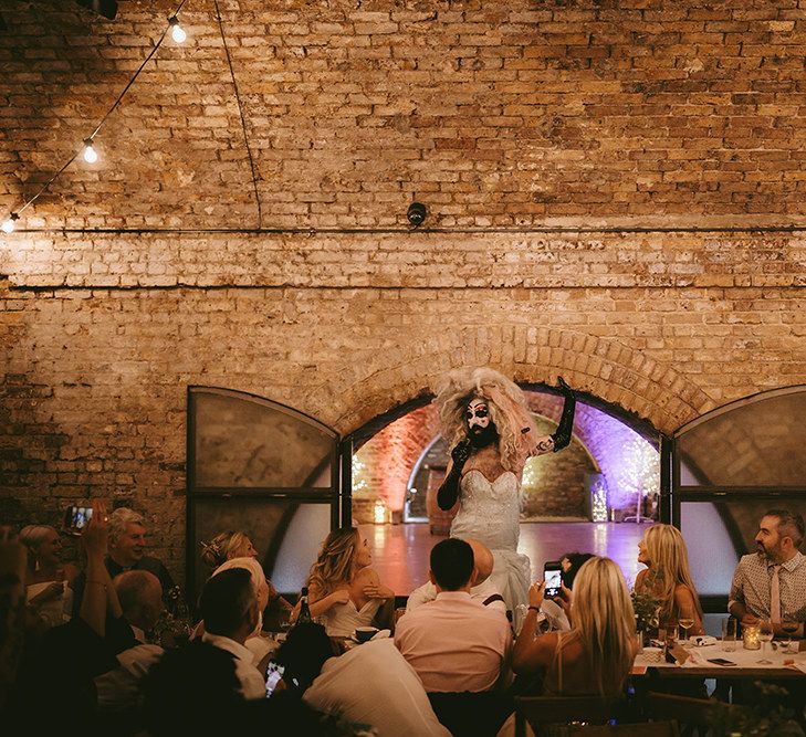 Drag Queen Entertainment | Bike Shed Motorcycle Club Wedding for ELLE Digital Editor | Nigel John Photography