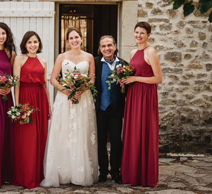 Bridal Party | Bride in Ellis Bridal Tulle &amp; Embroidery Bridal Gown | Bridesmaids in Red JJHouse Dresses | South of France Wedding | Andy Gaines Photography | Thompson Granger Films