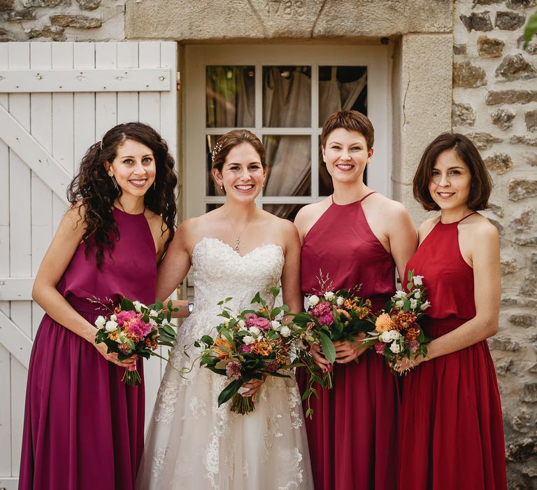 Bridal Party | Bride in Ellis Bridal Tulle &amp; Embroidery Bridal Gown | Bridesmaids in Red JJHouse Dresses | South of France Wedding | Andy Gaines Photography | Thompson Granger Films