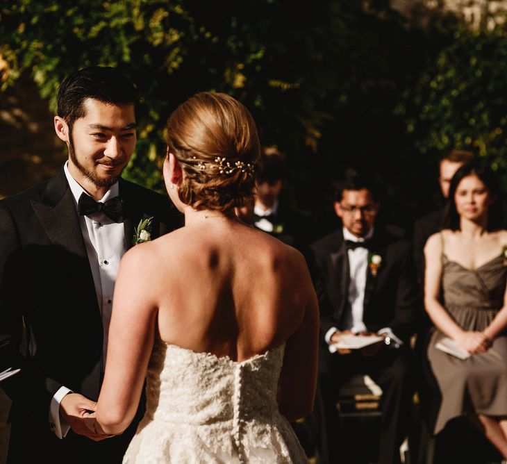 Outdoor Wedding Ceremony | Bride in Ellis Bridal Tulle &amp; Embroidery Bridal Gown | Groom in Black Tie Suit | South of France Wedding | Andy Gaines Photography | Thompson Granger Films