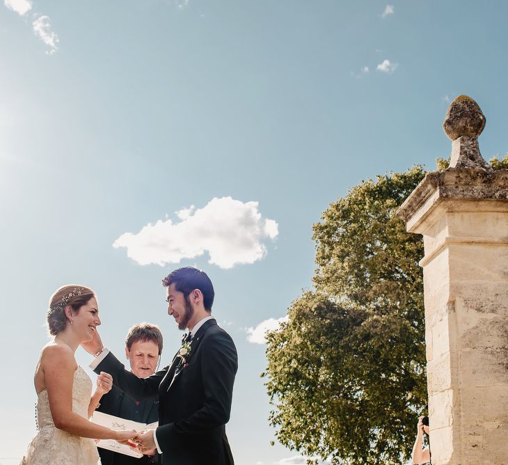 Outdoor Wedding Ceremony | Bride in Ellis Bridal Tulle &amp; Embroidery Bridal Gown | Groom in Black Tie Suit | South of France Wedding | Andy Gaines Photography | Thompson Granger Films