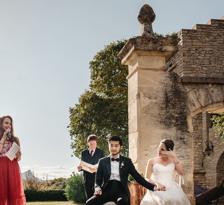 Outdoor Wedding Ceremony | Bride in Ellis Bridal Tulle &amp; Embroidery Bridal Gown | Groom in Black Tie Suit | South of France Wedding | Andy Gaines Photography | Thompson Granger Films