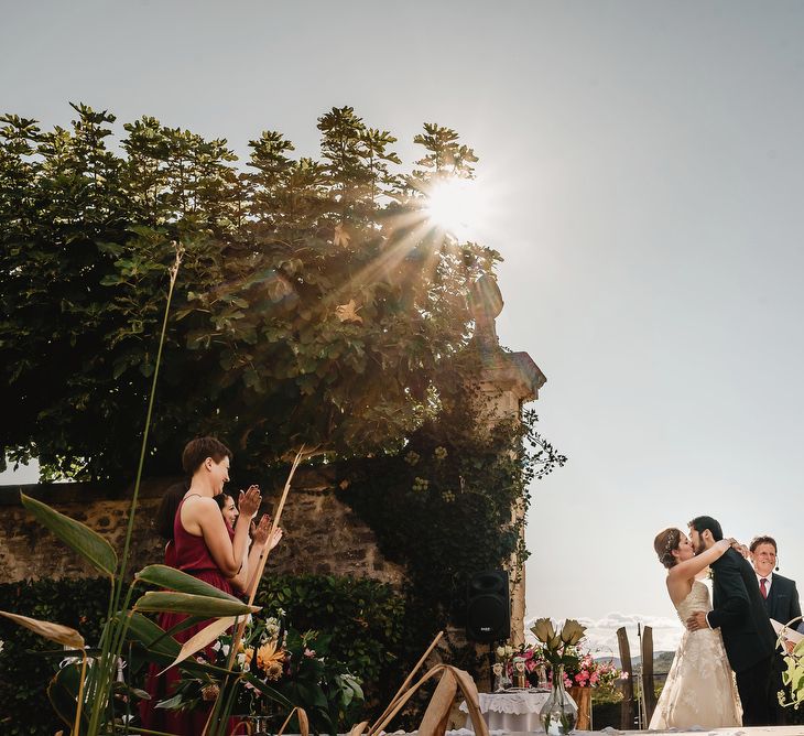 Outdoor Wedding Ceremony | Bride in Ellis Bridal Tulle &amp; Embroidery Bridal Gown | Groom in Black Tie Suit | South of France Wedding | Andy Gaines Photography | Thompson Granger Films