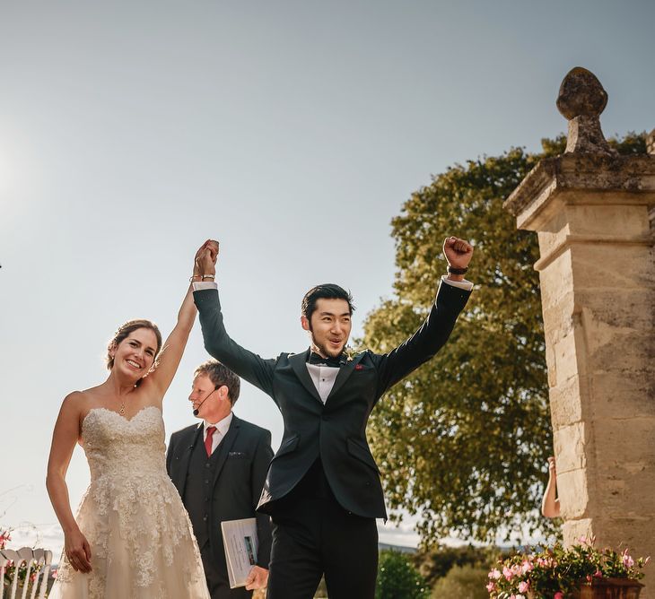 Outdoor Wedding Ceremony | Bride in Ellis Bridal Tulle &amp; Embroidery Bridal Gown | Groom in Black Tie Suit | South of France Wedding | Andy Gaines Photography | Thompson Granger Films