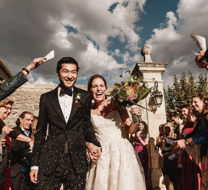 Bride in Ellis Bridal Tulle &amp; Embroidery Bridal Gown | Groom in Tuxedo | South of France Wedding | Andy Gaines Photography | Thompson Granger Films