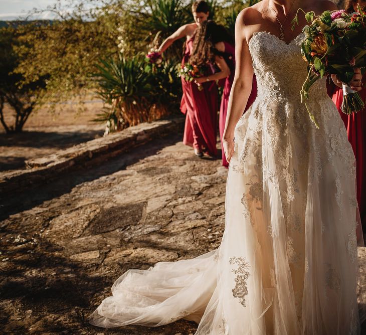 Bride in Ellis Bridal Tulle &amp; Embroidery Bridal Gown | Bridesmaids in Red JJHouse Dresses | South of France Wedding | Andy Gaines Photography | Thompson Granger Films